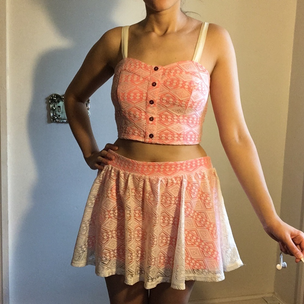 Matching Crop Top and Skirt Combo - Coral